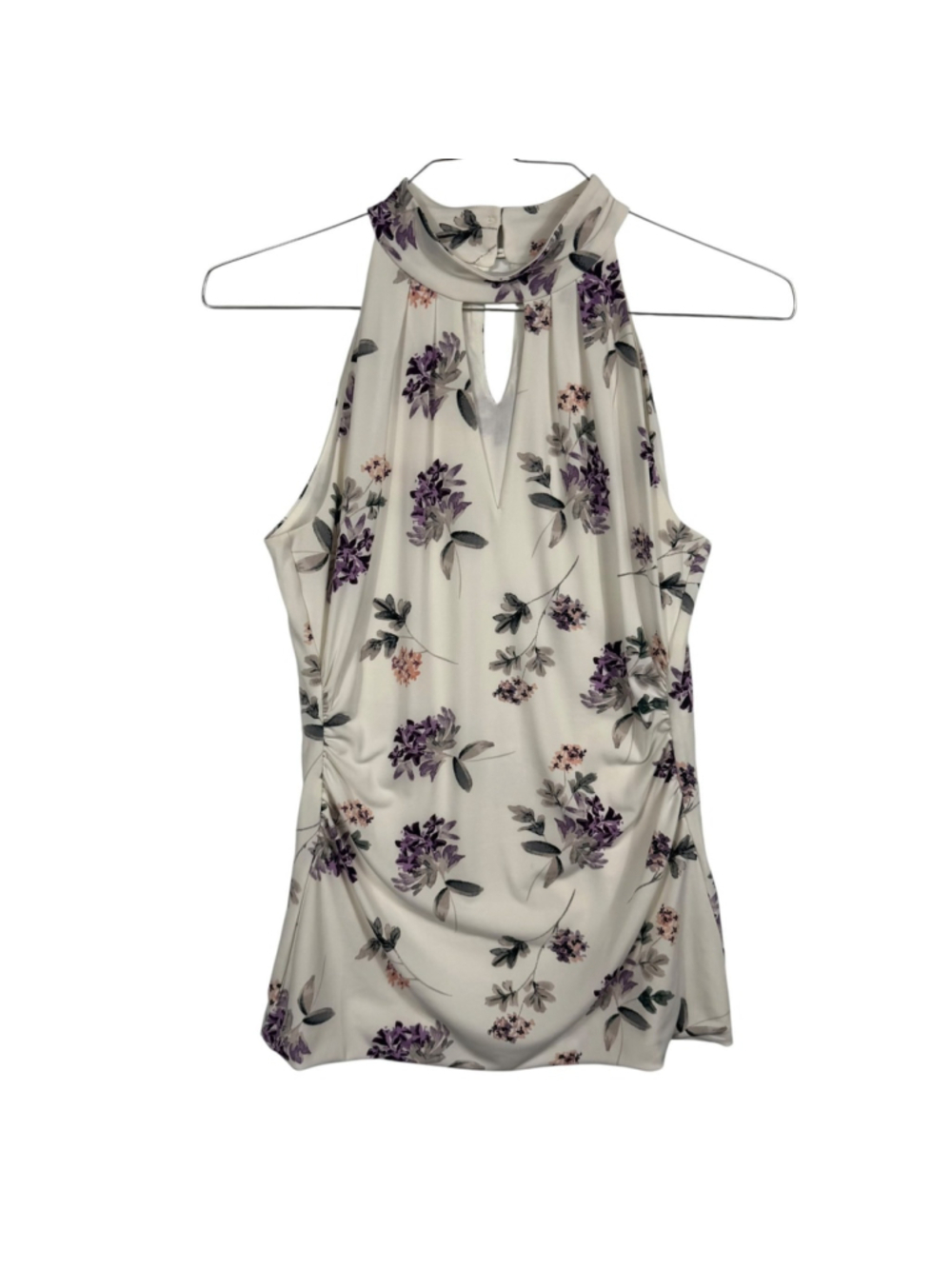 White House Black Market Top White Purple Floral Side Cinched Women Small - Picture 2 of 10